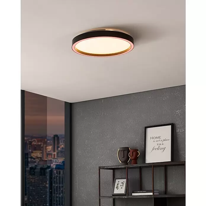 Eglo connect.z LED-Deckenleuchte MONTEMORELOS - 17,8 W, 2.150 lm, Lichtfarbe: RGB - Runde Deckenleuchte mit schwarzem und roségoldenem Rahmen, an Decke in modernem Raum.