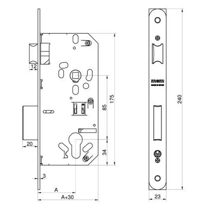 MCM Cerradura de embutir 1601R - An x Al: 23 x 240 mm, Níquel - Dibujo técnico de una cerradura de embutir con dimensiones, que proporciona una visión detallada del producto para la instalación y la selección.