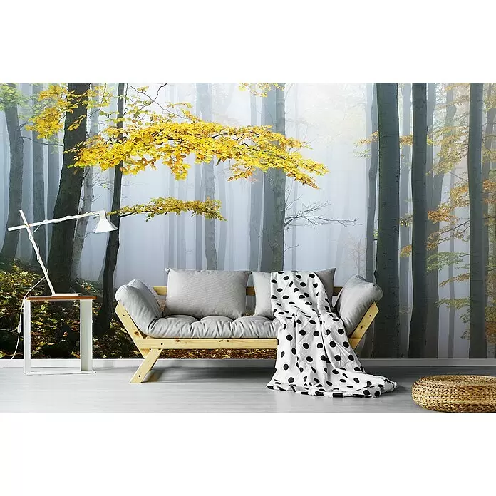 Papermoon Premium collection Fototapete Novemberwald - B x H: 350 x 260 cm, Vlies - Ein Futonsofa aus Holz mit hellgrauen Kissen und einer gepunkteten Decke, in einem Raum mit Waldtapete für eine gemütliche Sitzecke.