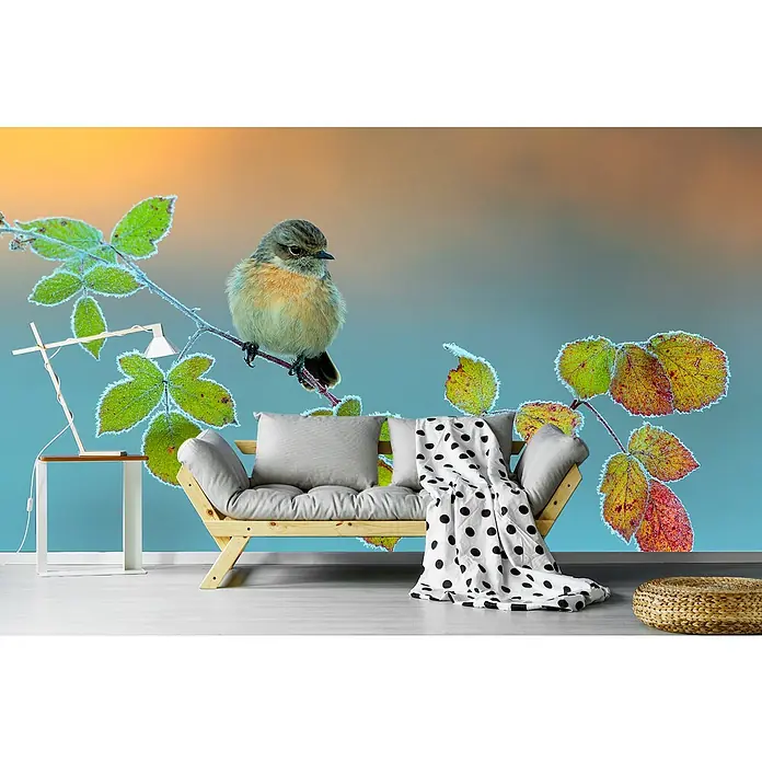 Papermoon Premium collection Fototapete Winterfarben - B x H: 450 x 280 cm, Vlies - Einzigartige Fototapete mit einem niedlichen Vogel auf einem verschneiten Zweig, ideal um jedem Raum eine natürliche Note zu verleihen.
