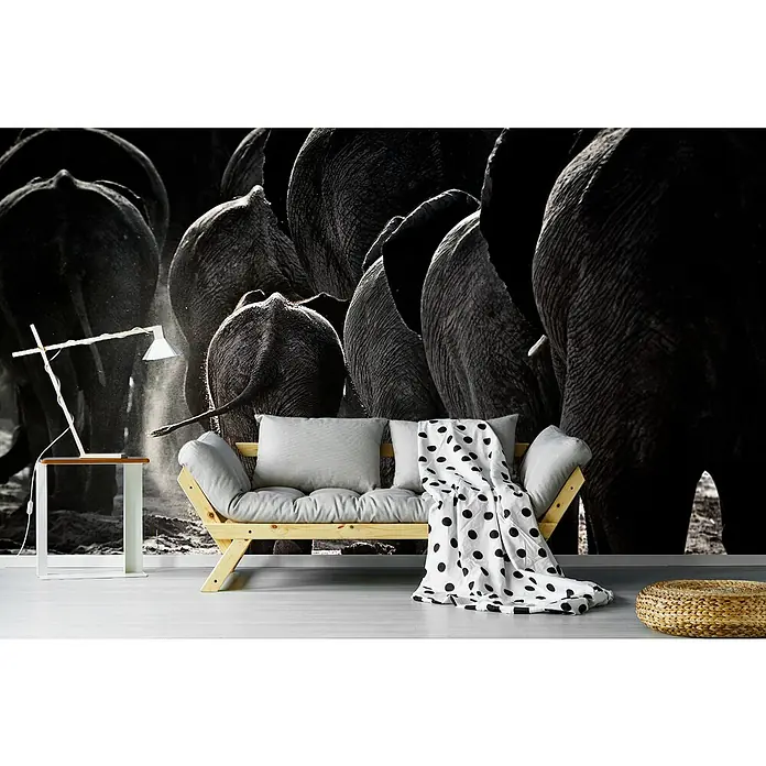 Papermoon Premium collection Fototapete Elefantenherde - B x H: 250 x 186 cm, Vlies - Wohnzimmer mit einer Couch mit einem schwarz-weißen Punktemusterwurf und einer Fototapete mit Elefanten.