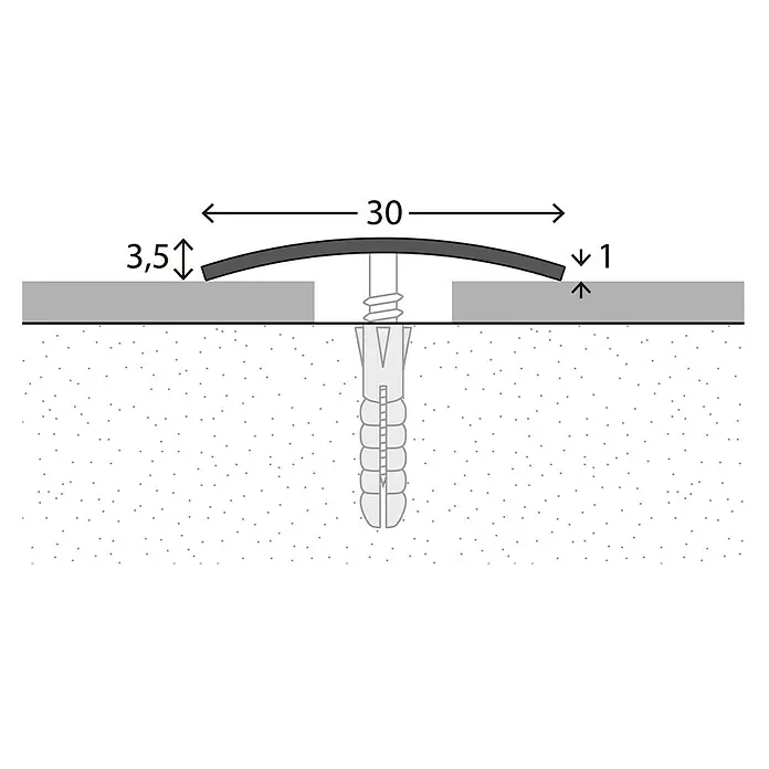 LOGOCLIC Übergangsprofil 110 - Edelstahl glänzend, 2,7 m x 30 mm x 3,5 mm, Montageart: Schrauben, Mittig versenkt gelocht - Darstellung eines Bodenprofils mit Maßangaben. Das Profil ist gebogen und wird mit einer Schraube im Boden fixiert.