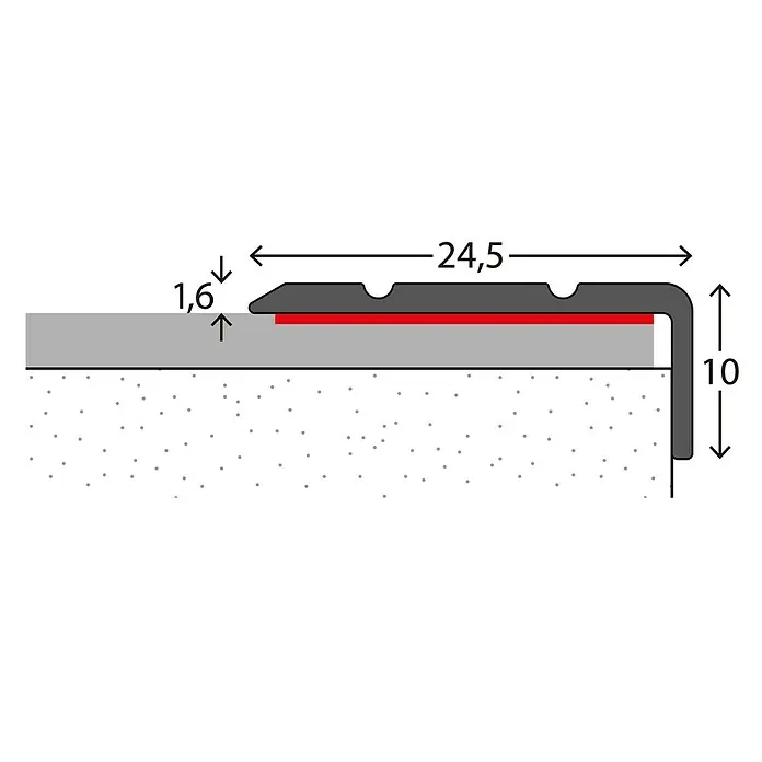 LOGOCLIC Winkelprofil 160 - Silber, 2,7 m x 24,5 mm x 10 mm, Montageart: Kleben - Ansicht eines Treppenkantenprofils mit den Maßen 24,5 mm in der Breite und 10 mm in der Höhe und einer Materialstärke von 1,6 mm.