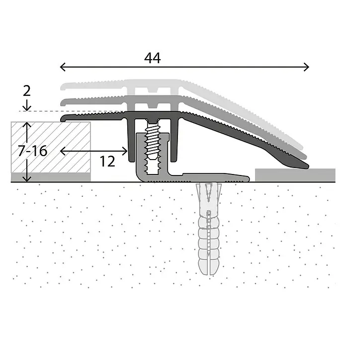 LOGOCLIC Anpassprofil 221 - Sahara, 0,9 m x 44 mm, Montageart: Schrauben - Schematische Darstellung eines Übergangsprofils mit Maßangaben zur Montage.