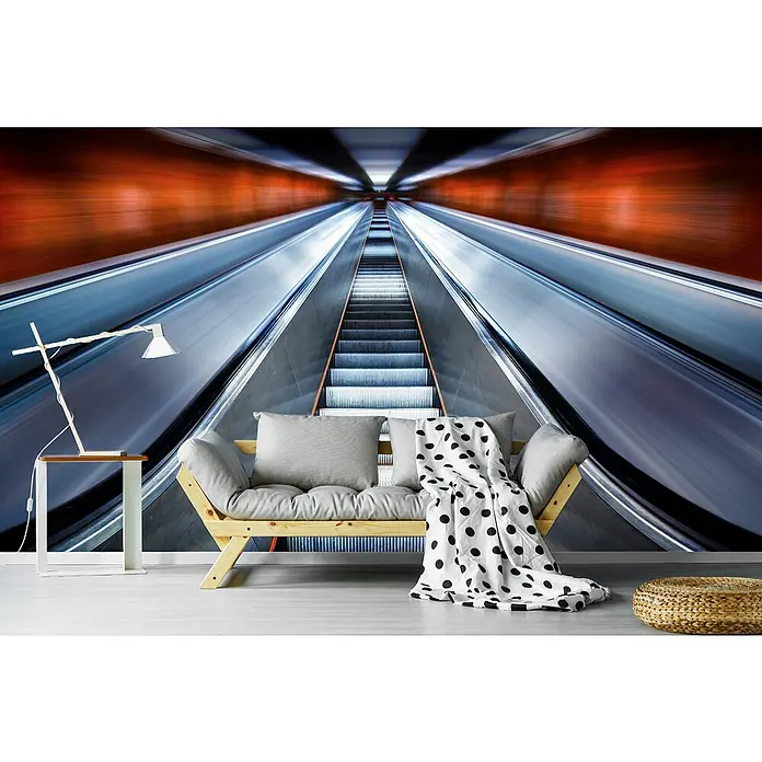 Papermoon Premium collection Fototapete Rolltreppendynamik - B x H: 450 x 280 cm, Vlies - Wohnzimmer mit stilvollem Escalatortapeten-Design. Moderne Einrichtung mit Lampe, Couch und Polkadot-Decke für gemütliches Ambiente.