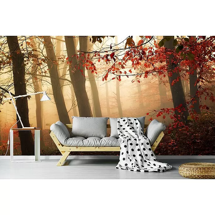 Papermoon Premium collection Fototapete Auf Das Licht - B x H: 350 x 260 cm, Vlies - Helles Holzsofa mit grauen Kissen und gepunkteter Decke in einem Raum mit natürlichem Waldgemälde.