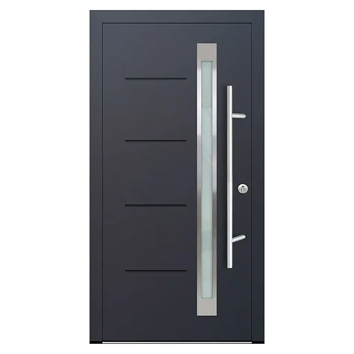 FM Türen Haustür DS92-16 - 100 x 220 cm, DIN Anschlag: Rechts, Anthrazit - Eine moderne Haustür in Anthrazit mit senkrechtem Glaseinsatz und einem langen, eleganten Türgriff aus Edelstahl.