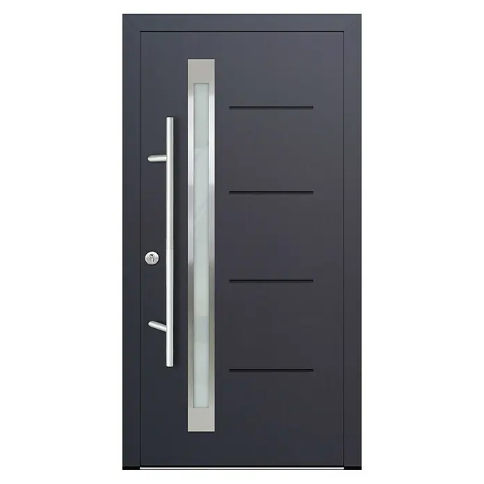 FM Türen Haustür DS92-16 - 110 x 210 cm, DIN Anschlag: Links, Anthrazit - Graue Haustür mit senkrechtem Griff und rechteckigem Fensterband. Elegantes Design mit modernen horizontalen Akzenten.