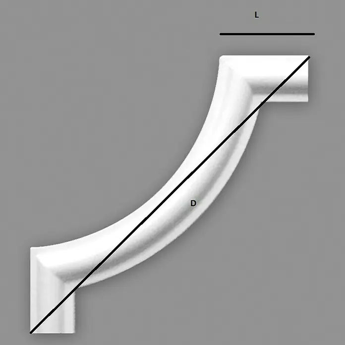 Zierbogen Modern BI 20 - Expandiertes Polystyrol (EPS), 4 Stk. - Eckstück mit dekorativem Design, gekennzeichnet mit "L" für Länge und "D" für Diagonale, ideal für architektonische Details.