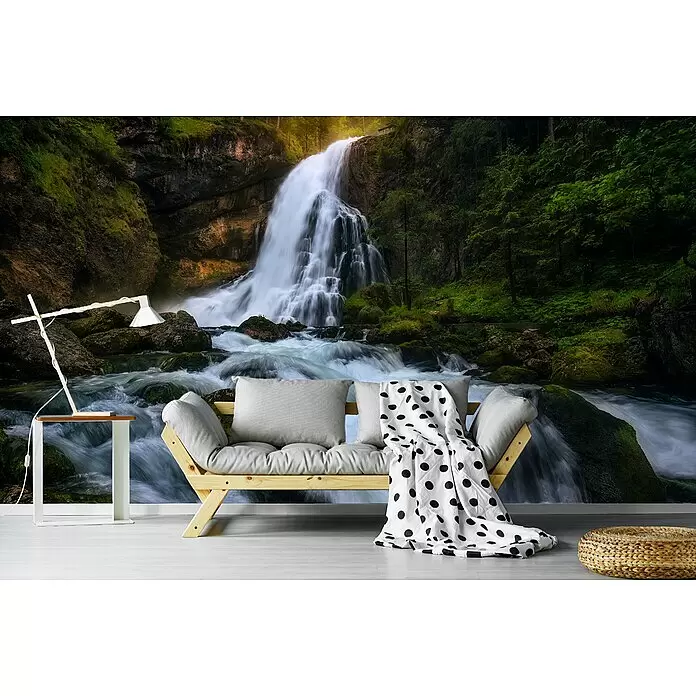 Papermoon Premium collection Fototapete Frühlingsflut - B x H: 300 x 223 cm, Vlies - Ein Futonsofa aus Holz mit hellgrauen Kissen und einer schwarz-weiß gepunkteten Decke, in einem Raum.