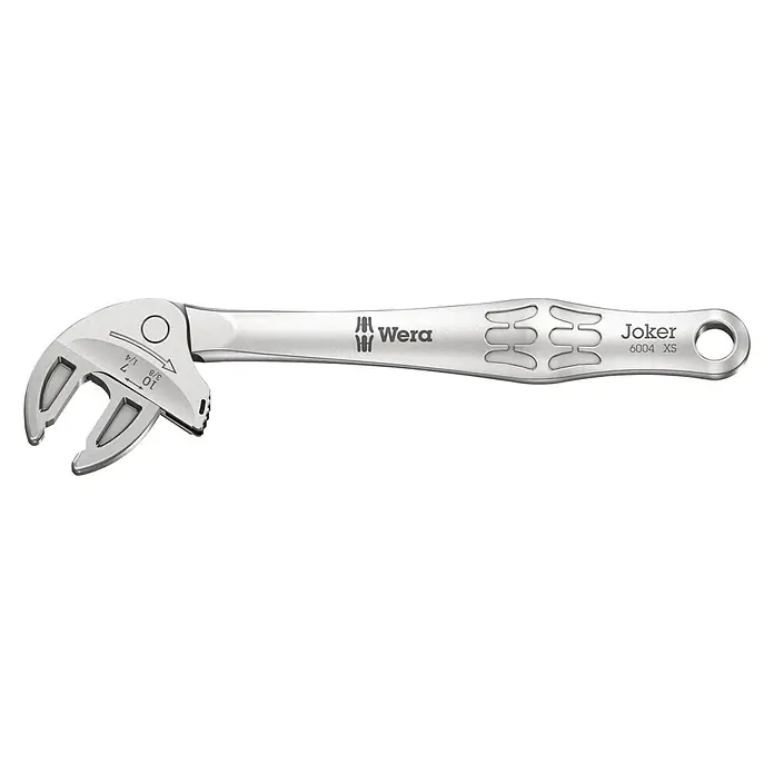 Wera Joker Rollgabelschlüssel 6004 - Schlüsselweite: 7 mm - 10 mm - Abgebildeter Wera Joker 6004 XS Maulschlüssel, ein Werkzeug für präzises und schnelles Schrauben. Ideal für enge Räume.