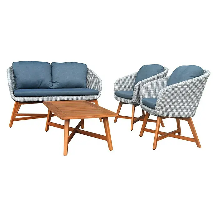 Sunfun Pauline Loungemöbel-Set4 -tlg., Bambusgrau/Naturbraun - Elegantes Gartenmöbelset mit einem Tisch, einem Zweisitzer-Sofa und zwei Sesseln mit grauen Polstern. Ideal für entspannte Stunden im Freien.