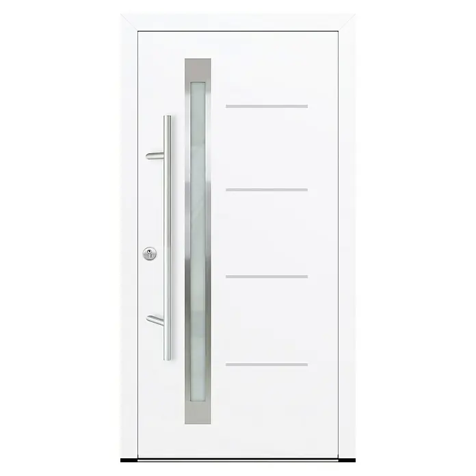 FM Türen Haustür DS92-16 - 100 x 200 cm, DIN Anschlag: Links, Weiß - Elegante weiße Haustür mit vertikalem Glaseinsatz, Griff aus Edelstahl und horizontalen Designlinien, die ein modernes und stilvolles Erscheinungsbild verleihen.