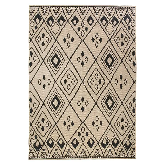 Outdoor-Teppich Bora - Schwarz/Beige, 230 x 160 cm, 100 % Polypropylen - Beige Teppich mit geometrischem Rautenmuster und schwarzem Rand für stilvolle Akzente im Raum.