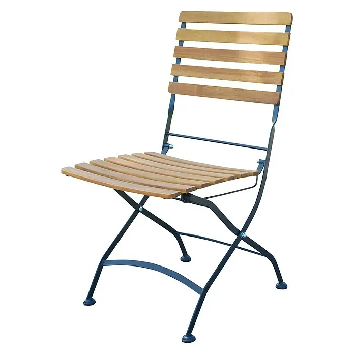 Sunfun Moni Balkonmöbel-Set II - 3 -tlg., Akazie/Stahl, Naturbraun/Schwarz - Gartenstuhl mit Holzlatten und Metallgestell. Der Stuhl ist zusammenklappbar und ideal für den Außenbereich.