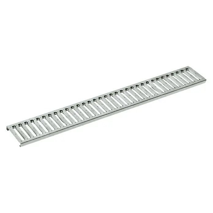 Dakota Rejilla de cubierta con Clip - 13 x 100 cm, Acero Galvanizado, Gris - Imagen de un desagüe lineal de metal con ranuras alargadas para un drenaje de agua eficiente. Ideal para baños y duchas.