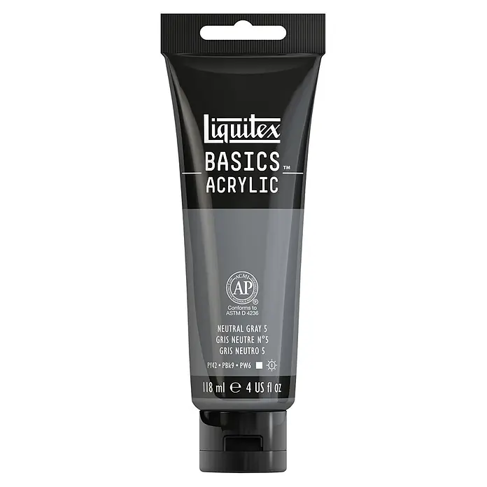 Liquitex Basics Acrylfarbe - Neutrales Grau No. 5, 118 ml - Eine Tube Liquitex Basics Acrylfarbe in Neutralgrau 5, ideal für Künstler und Bastler, die hochwertige und vielseitige Farben suchen.