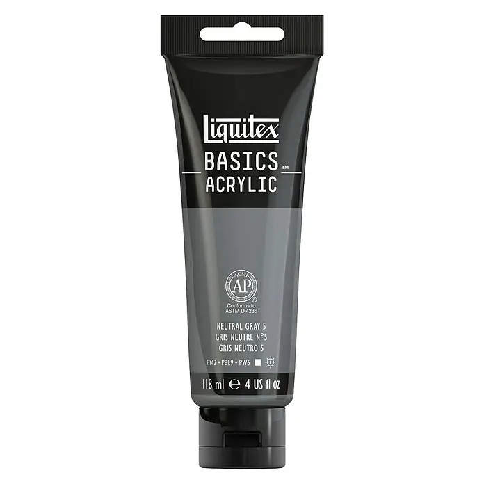 Liquitex Basics Acrylfarbe - Neutrales Grau No. 5, 118 ml - Eine Tube Liquitex Basics Acrylfarbe in Neutralgrau 5, ideal für Künstler und Bastler, die hochwertige und vielseitige Farben suchen.