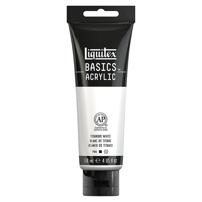 Liquitex Basics Acrylfarbe - Titanweiß, 118 ml - Abbildung einer Tube Liquitex Basics Acrylfarbe in der Farbe Titanweiß, ideal für Künstler und Hobbybastler.