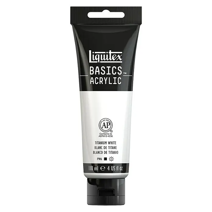 Liquitex Basics AcrylfarbeTitanweiß, 118 ml - Abbildung einer Tube Liquitex Basics Acrylfarbe in der Farbe Titanweiß, ideal für Künstler und Hobbybastler.