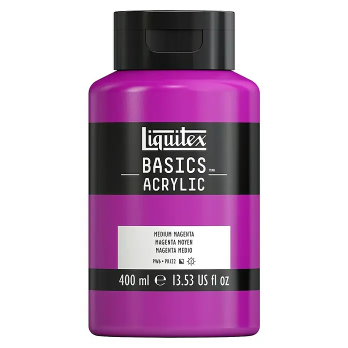 Liquitex Basics Acrylfarbe - Magenta mittel, 400 ml - Nahaufnahme einer 400-ml-Flasche Liquitex Basics Acrylfarbe in Medium Magenta mit schwarzem Etikett und Verschluss.
