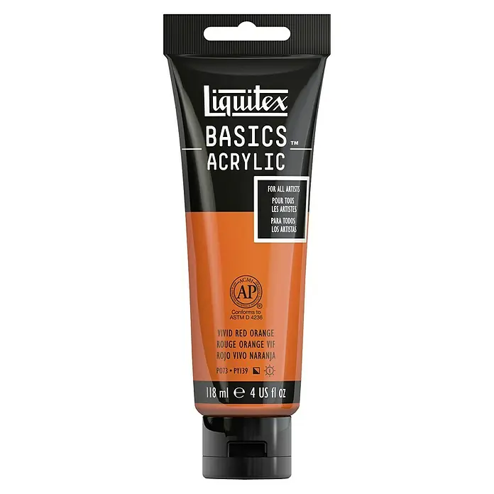 Liquitex Basics Acrylfarbe - Rotorange, 118 ml - Liquitex Basics Acrylfarbe in Vivid Red Orange. Eine hochwertige Farbe für Künstler, ideal für verschiedene Maltechniken und Projekte.