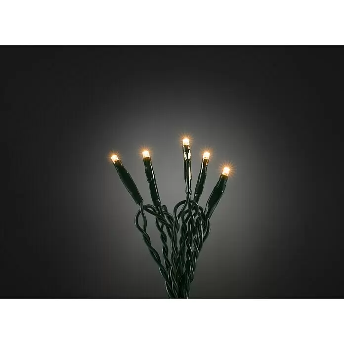 Konstsmide LED-Lichterkette - Innen, Lichtfarbe: Bernstein, Anzahl Leuchtmittel: 35 Stk., Netzbetrieben, 3,63 m - Grüne Lichterkette mit mehreren warmweißen LED-Birnen, die an den Enden leuchten und gebündelt sind.