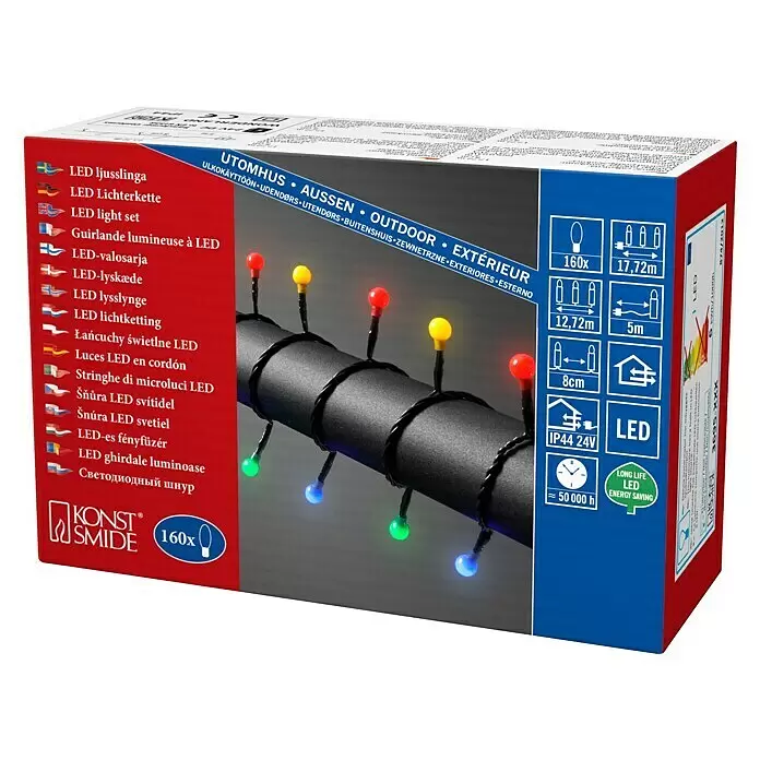 Konstsmide LED-Lichterkette Globe - Außen, Lichtfarbe: Mehrfarbig, Anzahl Leuchtmittel: 160 Stk., Netzbetrieben - KONST SMIDE Outdoor-LED-Lichterkette mit 160 bunten Lichtern am schwarzen Kabel in der Verpackung.