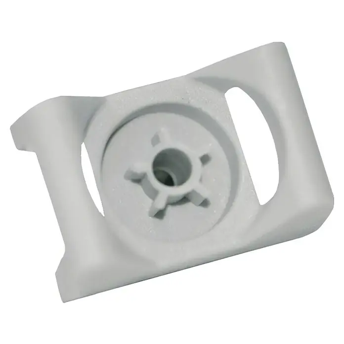 Fischer Base para bridas para clavadora - 100 ud., Específico para: Clavadora de aire FGC 100 - Un primer plano de un componente blanco de electrodoméstico, con una abertura con un inserto en forma de estrella en el centro.
