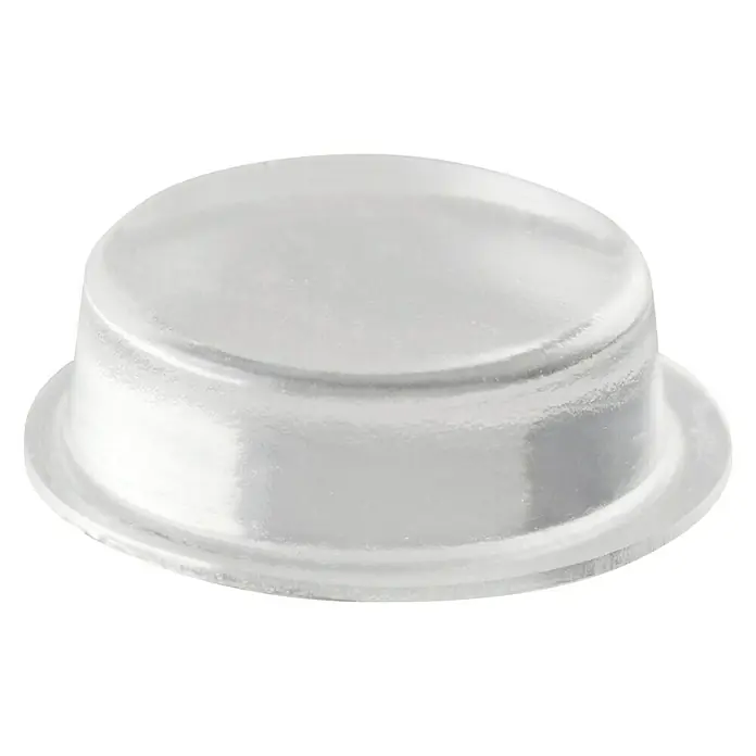 Türpuffer rund, 3 Stk., selbstkebend - Ø x H: 20 x 6 mm, Transparent, 3 Stk. - Nahaufnahme eines transparenten, runden Silikonstopfens mit leicht gewölbter Oberseite und umlaufendem Rand auf schwarzem Hintergrund.