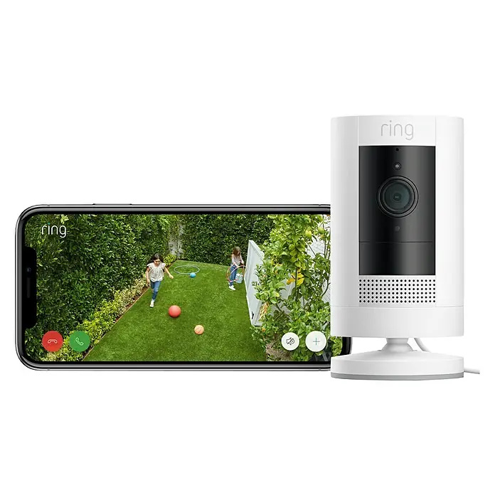 Ring Überwachungskamera außen Stick Up Cam Plug-In - Netzbetrieben, 1.080 Pixel (Full HD), Weiß - Intelligente Ring Stick Up Cam mit kabellosem Smartphone zur Überwachung des Hauses. Sicherheit und Überwachung für Ihr Zuhause.
