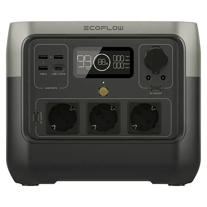 EcoFlow Estación de energía portátil River 2 Pro - 768 Wh, Negro - Imagen de una estación de energía EcoFlow con puertos USB y CA, que ofrece soluciones de alimentación versátiles para dispositivos.