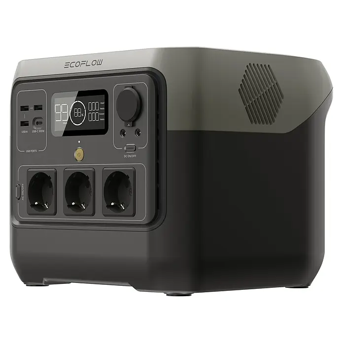 EcoFlow Estación de energía portátil River 2 Pro - 768 Wh, Negro - Vista del producto de la estación de energía EcoFlow que muestra múltiples puertos y una pantalla LCD para la gestión y el rendimiento de la energía.
