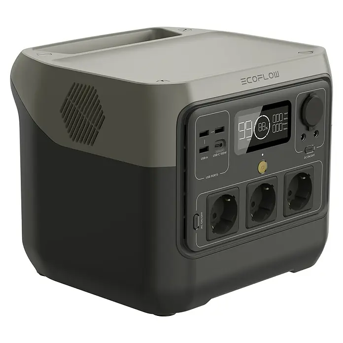 EcoFlow Estación de energía portátil River 2 Pro - 768 Wh, Negro - Una estación de energía portátil EcoFlow con puertos USB, enchufes de CA y una pantalla LCD clara, ideal para actividades al aire libre.