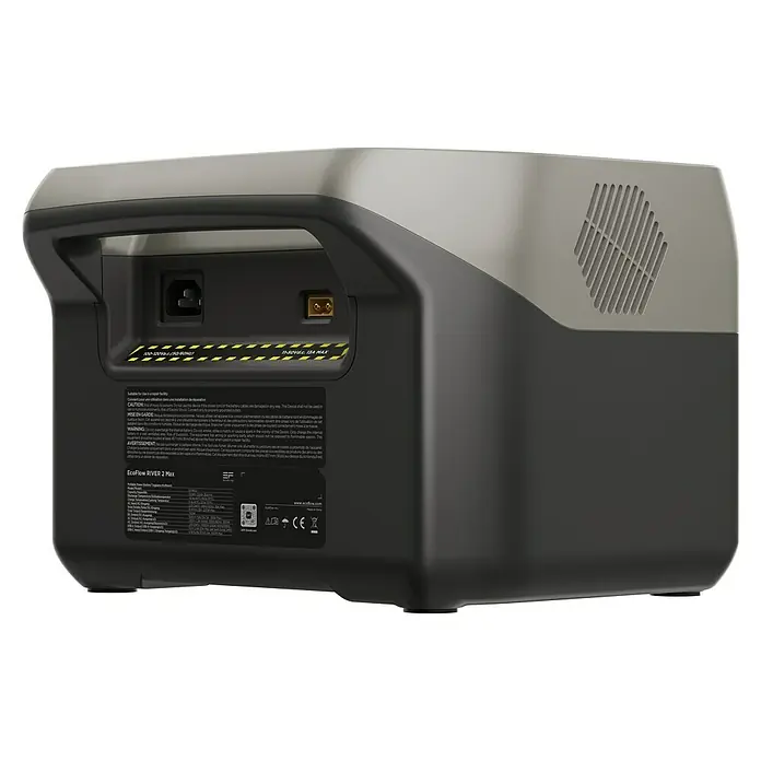 EcoFlow Estación de energía portátil River 2 Max - 512 Wh, Negro - Vista trasera del EcoFlow RIVER 2 Max con puertos y rejilla de ventilación. Estación de energía portátil para camping y emergencias.