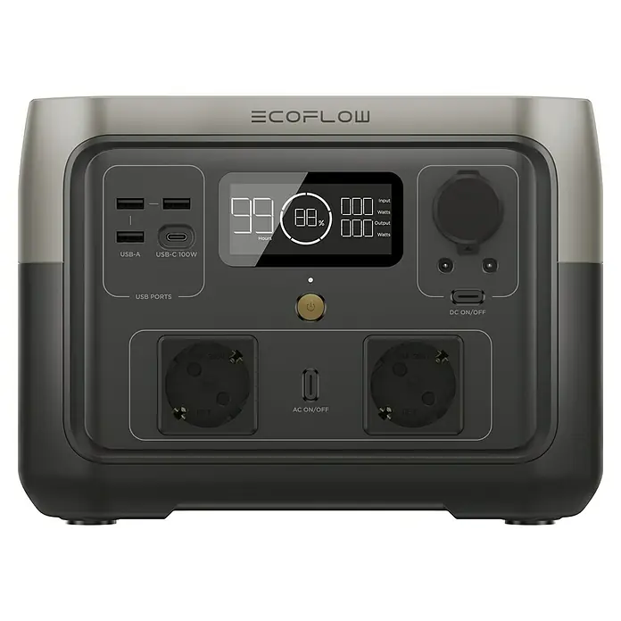 EcoFlow Estación de energía portátil River 2 Max - 512 Wh, Negro - Primer plano de una estación de energía EcoFlow con varios puertos y una pantalla con información.