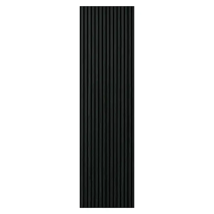 FibroTech Akustikpaneel Premium - Black Oak, 2.440 x 605 x 22 mm - Schwarze Holzlattenwand für moderne Innenräume. Die vertikalen Latten erzeugen ein stilvolles, minimalistisches Design. Ideal für Akzentwände und Raumgestaltung.