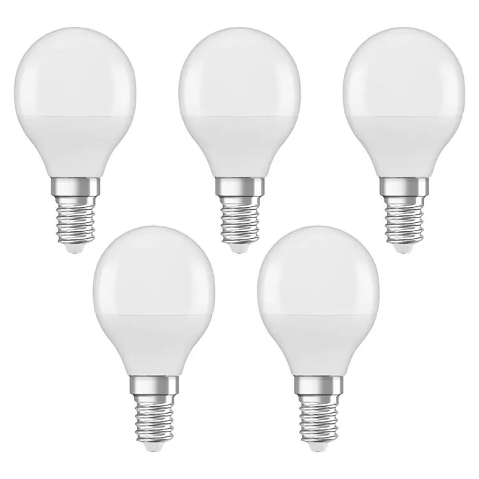 Osram LED-Lampen Set Tropfenform E14 matt - E14, Nicht Dimmbar, Warmweiß, 470 lm, 5,7 W - Fünf LED-Glühbirnen in Kugelform mit E14-Gewinde und mattweißem Finish, ideal für stimmungsvolle Beleuchtung im Haus.