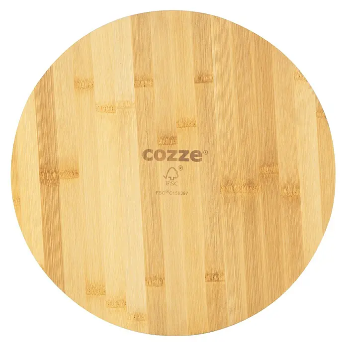 Cozze Schneidebrett - Ø x H: 35 x 1,2 cm, Holz - Nahaufnahme einer runden Cozze Bambus-Pizza-Servierplatte mit FSC-Siegel und Maserung.