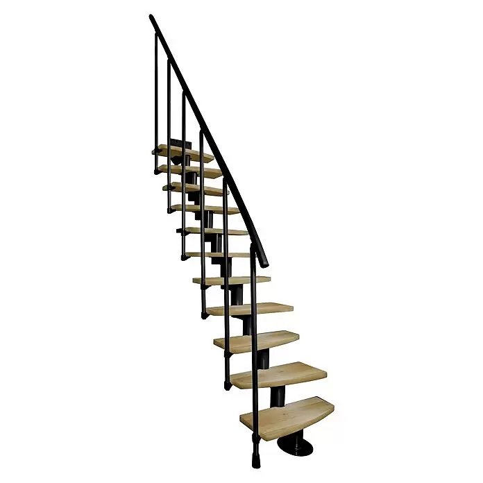 Atrium Raumspartreppe Mini Plus - Farbton Metall: RAL 9005, Breite: 60 cm, Buche, Geschosshöhe: 222 cm - 300 cm - Modulare Treppe mit hellen Holzstufen und schwarzem Metallgeländer.