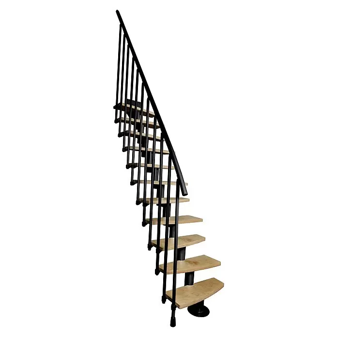 Atrium Raumspartreppe Mini Plus Vertical - Farbton Metall: RAL 9005, Breite: 60 cm, Buche, Geschosshöhe: 222 cm - 300 cm - Schwarze modulare Metalltreppe mit hellen Holzstufen.