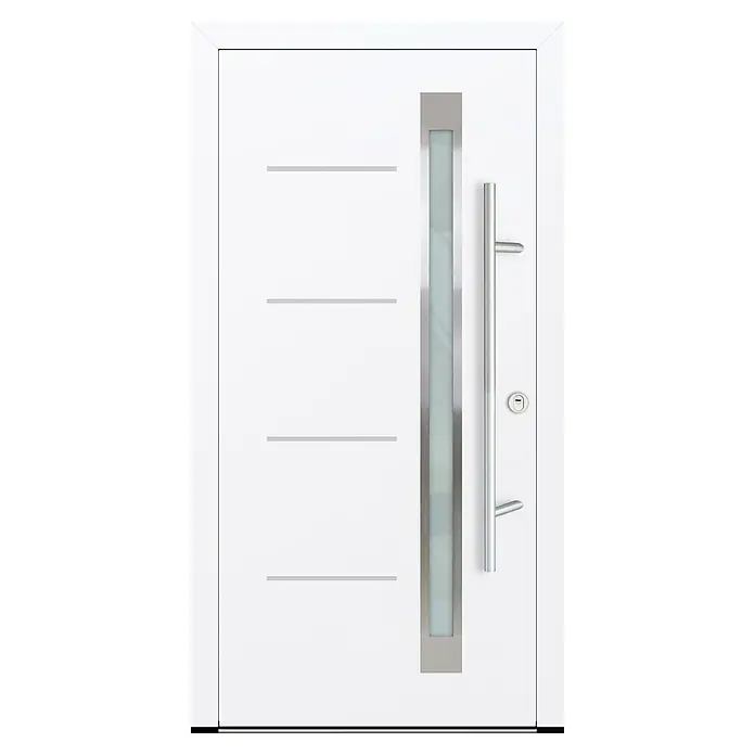 FM Türen Haustür DS92-16 RC 2 - 100 x 200 cm, DIN Anschlag: Rechts, Weiß - Elegante weiße Haustür mit minimalistischem Design, markanten horizontalen Linien und einem schmalen Glaseinsatz mit Edelstahlrahmen.
