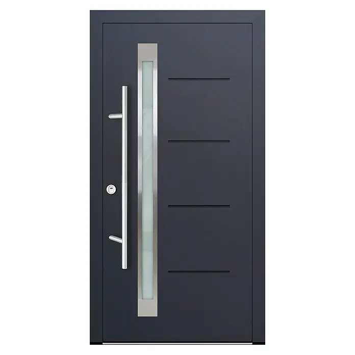 FM Türen Haustür DS92-16 RC 2 - 110 x 210 cm, DIN Anschlag: Links, Anthrazit - Moderne Haustür mit Griff, Glaseinsatz und horizontalen Designelementen. Eleganz und Sicherheit vereint in hochwertiger Bauweise.