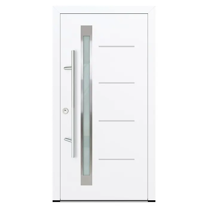 FM Türen Haustür DS92-16 RC 2 - 100 x 200 cm, DIN Anschlag: Links, Weiß - Eine moderne, weiße Haustür mit einem schmalen Glasausschnitt und einem langen, vertikalen Türgriff. Elegantes Design für einen einladenden Eingangsbereich.