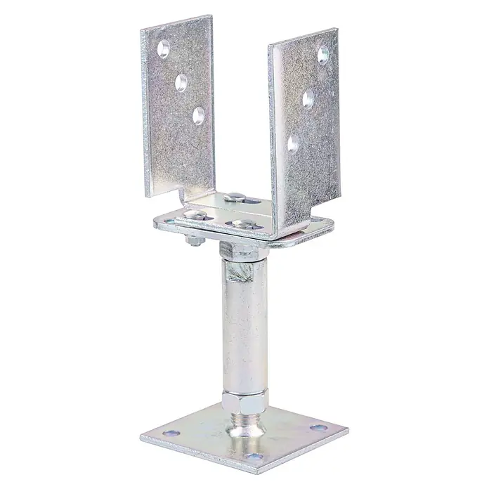 Stabilit Verstellbarer Stützenschuh - Stahl, Stärke: 5 mm - Produktabbildung eines verstellbaren Pfostenträgers aus Metall, ideal für den Bau von Terrassen und anderen Holzkonstruktionen.