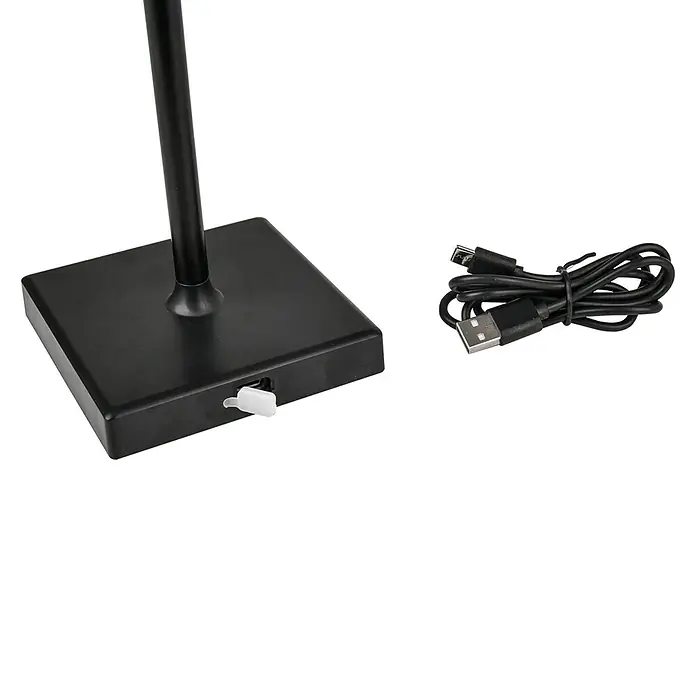 Globo Akku-Tischleuchte GREGOIR - 4 W, Warmweiß, Schwarz, Weiß - Nahaufnahme der Basis einer Lampe mit einem Ein-/Ausschalter und einem USB-Kabel.