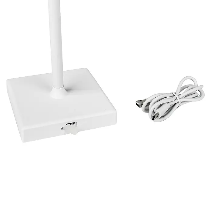 Globo Akku-Tischleuchte GREGOIR - 4 W, Warmweiß, Weiß - Ein weißes LED-Licht mit einem USB-Kabel. Das Licht hat einen quadratischen Fuß und einen schlanken Körper. Es ist minimalistisch gestaltet.