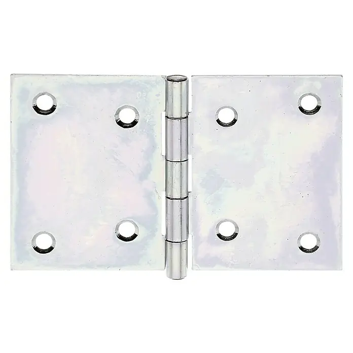 Stabilit Bisagra - An x Al: 128 x 81 mm, Zincado - Imagen de una bisagra de puerta de metal brillante con agujeros para tornillos sobre un fondo negro.
