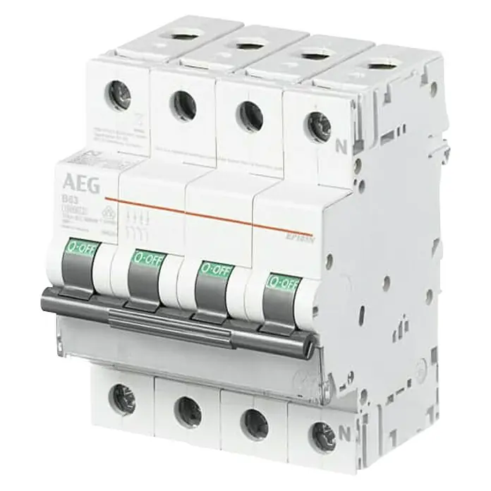 Eaton Magnetotérmico automático 3P+N - C, 16 A, 6 kA, 3 ud. - Un interruptor automático en miniatura tetrapolar AEG B63 diseñado para proteger los circuitos en instalaciones eléctricas.