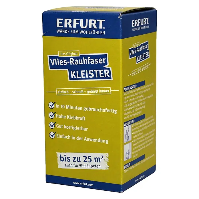 Erfurt Tapetenkleister Vlies-Rauhfaser Kleister - 200 g - Eine Packung Erfurt Vlies-Rauhfaser Kleister, ein gebrauchsfertiger Kleister für Vliestapeten und Raufasertapeten, der bis zu 25 m² reicht.